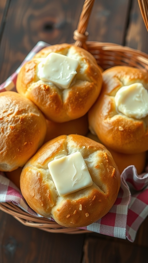 A basket of golden brown yeast rolls with melted butter on top, on a rustic wooden table.
